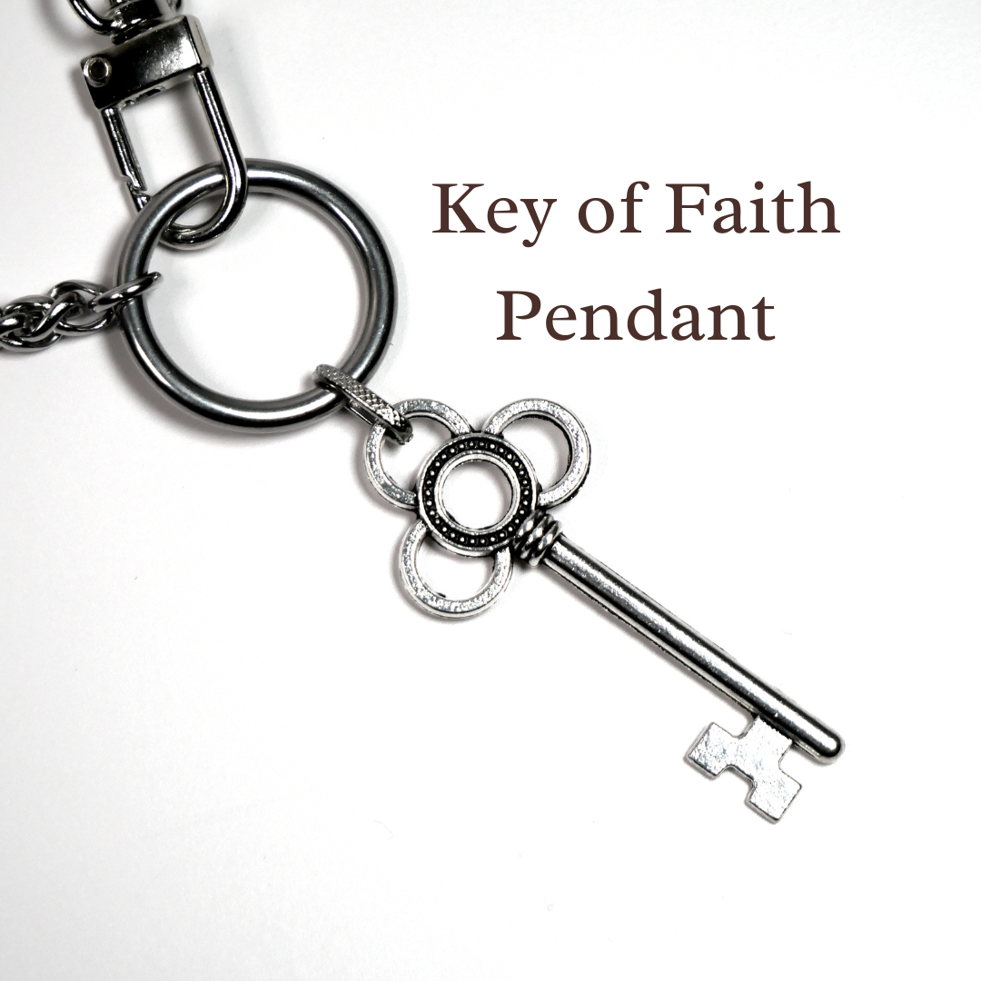 Key of Faith pendant on a white background. Devotion Clasp Collar. Trad wife. Handcrafted biblical womanhood jewelry USA. Traditional wife faith necklace.