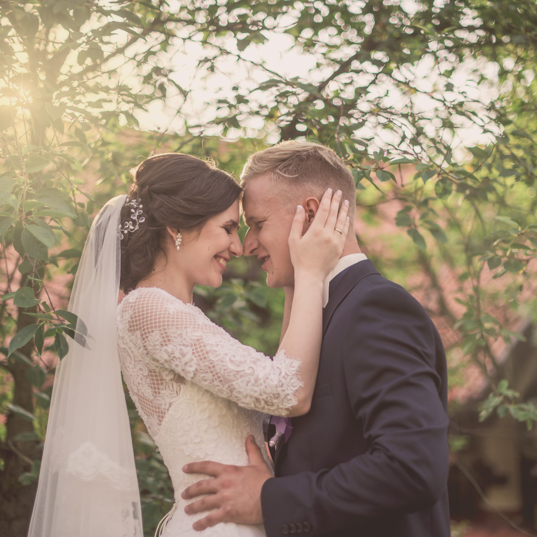Couple embracing under a tree with a soft focus background